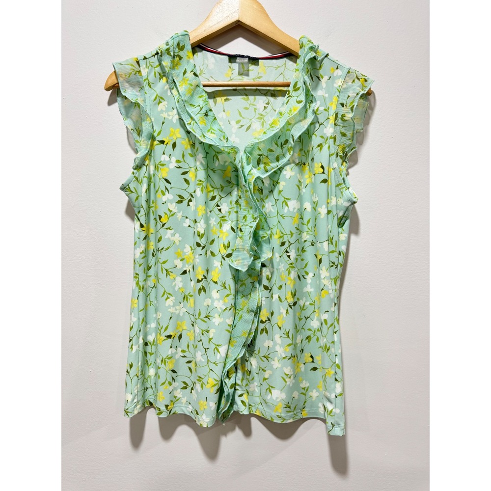 Tommy Hilfiger Mint Green Floral Ruffle V-Neck Sleeveless Blouse Large